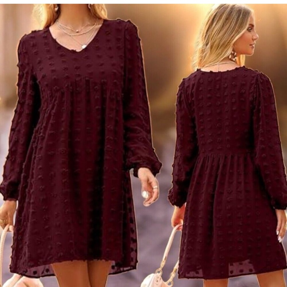 KIRUNDO Women Dot Loose Fit Babydoll Dress Wine Red Size XL Sheer Sleeves